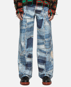 BRNO Patchwork Printed Wide Jeans (Blue)