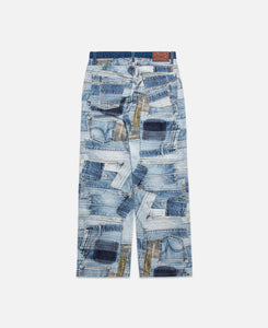 BRNO Patchwork Printed Wide Jeans (Blue)