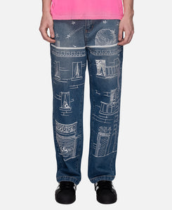 Fire Escape Embroidered Jeans (Blue)