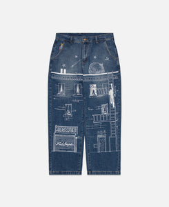 Fire Escape Embroidered Jeans (Blue)