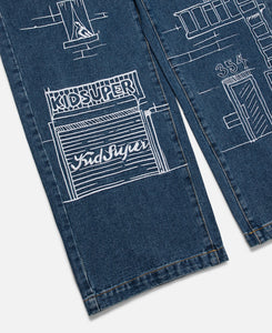 Fire Escape Embroidered Jeans (Blue)